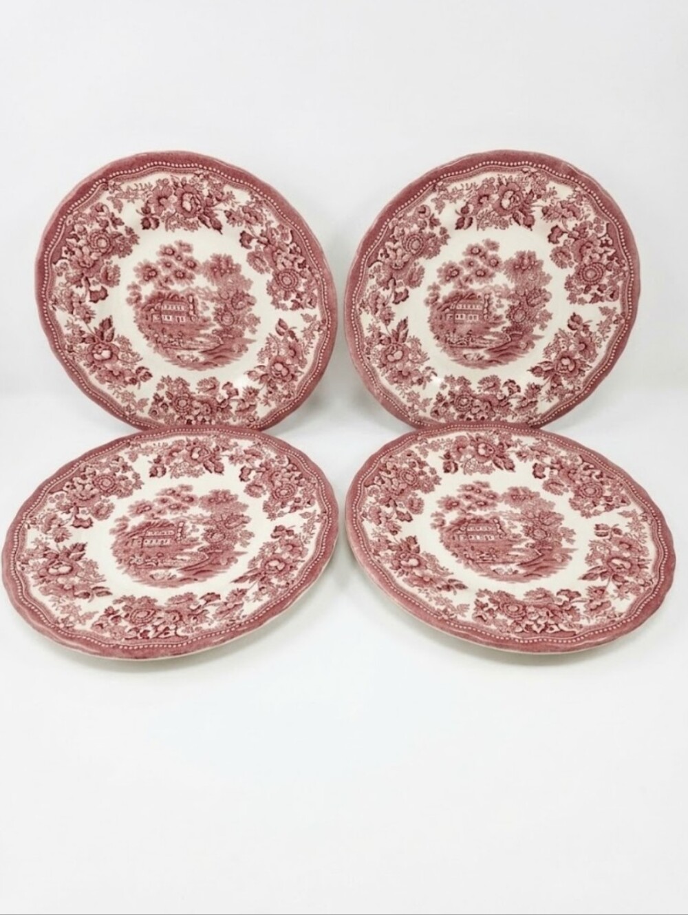 Vintage Myott Tonquin Pink Red Transferware Dessert Plates Set of 4, 1982